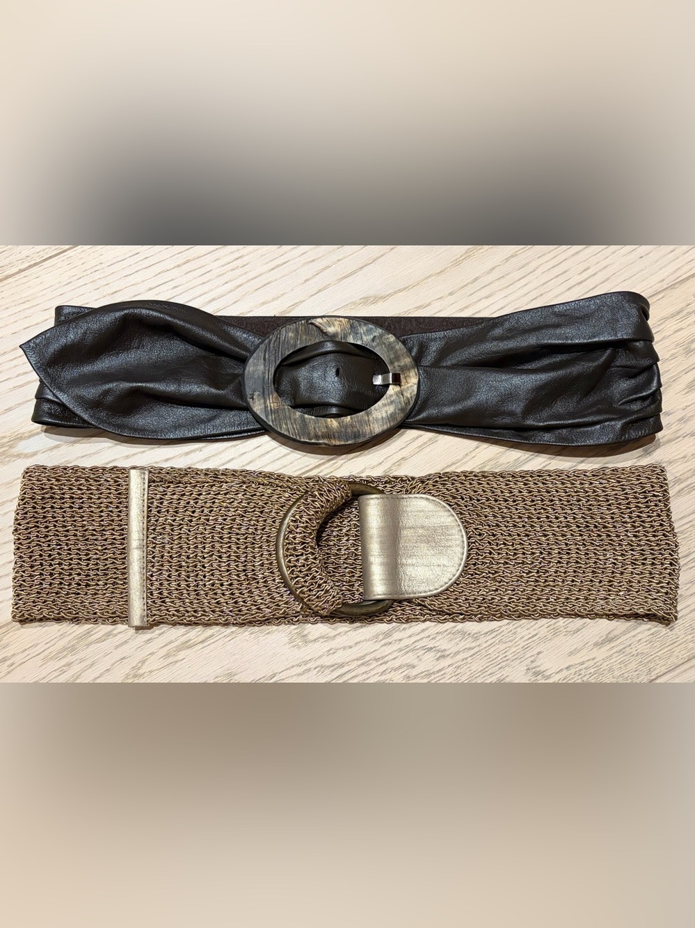 2 Vintage Suzi Roher Brown Leather / Horn & Burnished Gold Cord Belts M